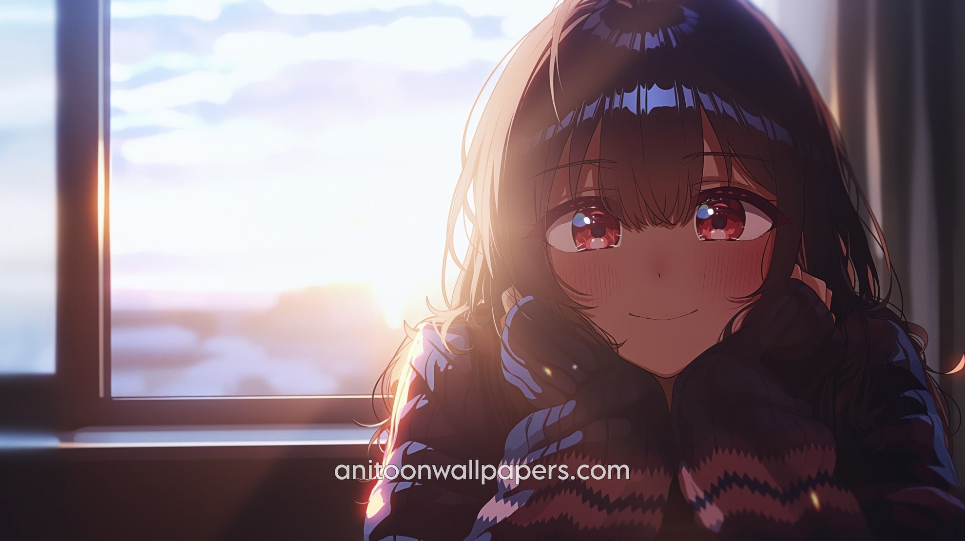 Anime Girl Desktop Wallpaper - Blushing by Sunset Window #53