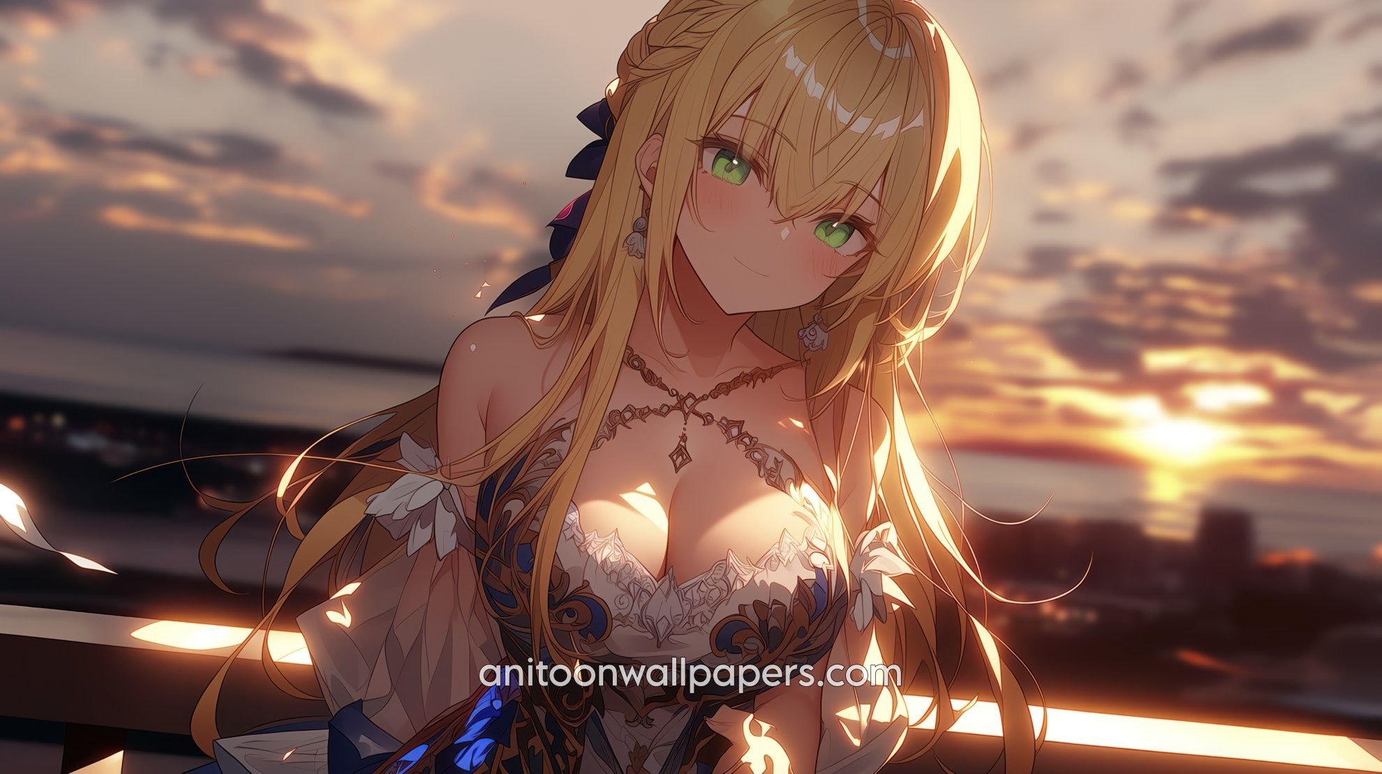 Anime Girl Desktop Wallpaper - Blonde in Elegant Dress at Golden Sunset #56