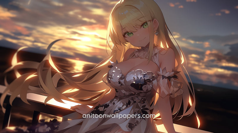 Anime Girl Desktop Wallpaper - Blonde Floral Dress Hair in the Wind at Sunset #57