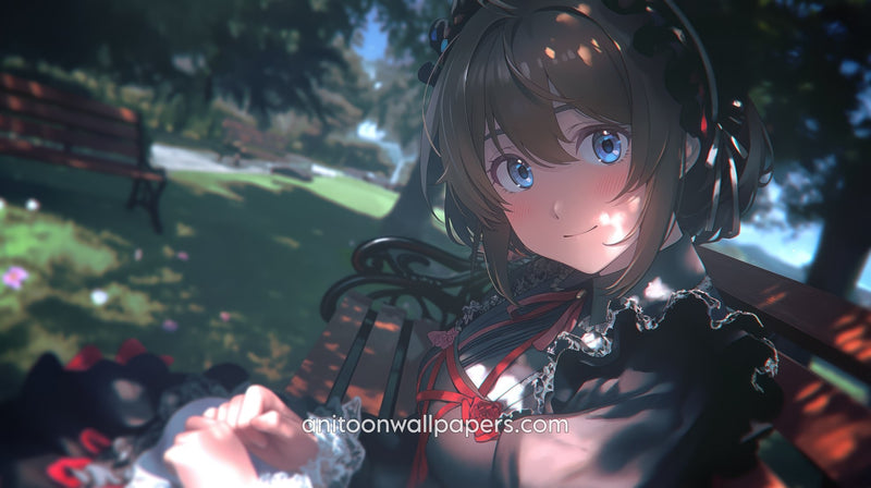 Anime Girl Desktop Wallpaper - Gothic Maid Smiling on Sunny Park Bench #58