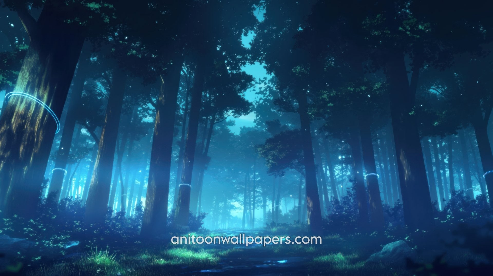 Anime Desktop Wallpaper - Magical Forest Night Blue Glow #60