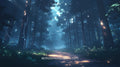 Anime Desktop Wallpaper - Forest Path with Glowing Lanterns & Blue Mist #62