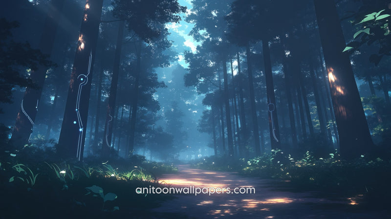 Anime Desktop Wallpaper - Forest Path with Glowing Lanterns & Blue Mist #62