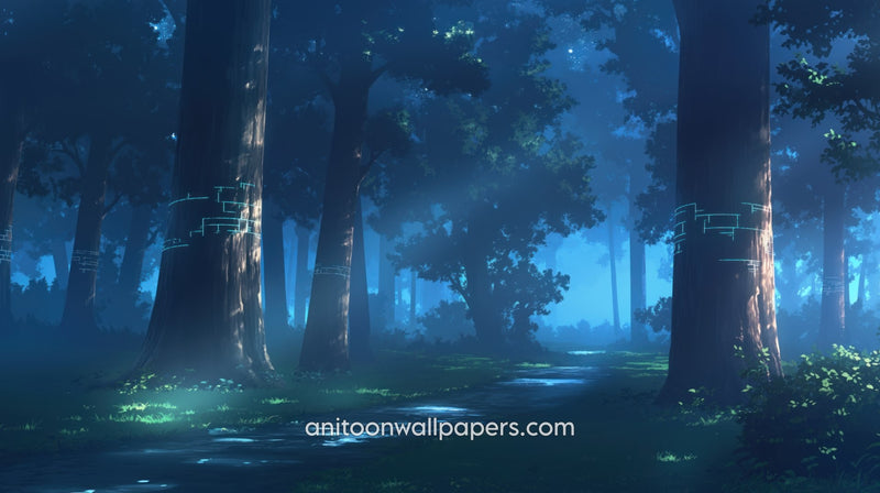 Anime Desktop Wallpaper - Rune-Marked Trees & Blue Mist Night Forest #63
