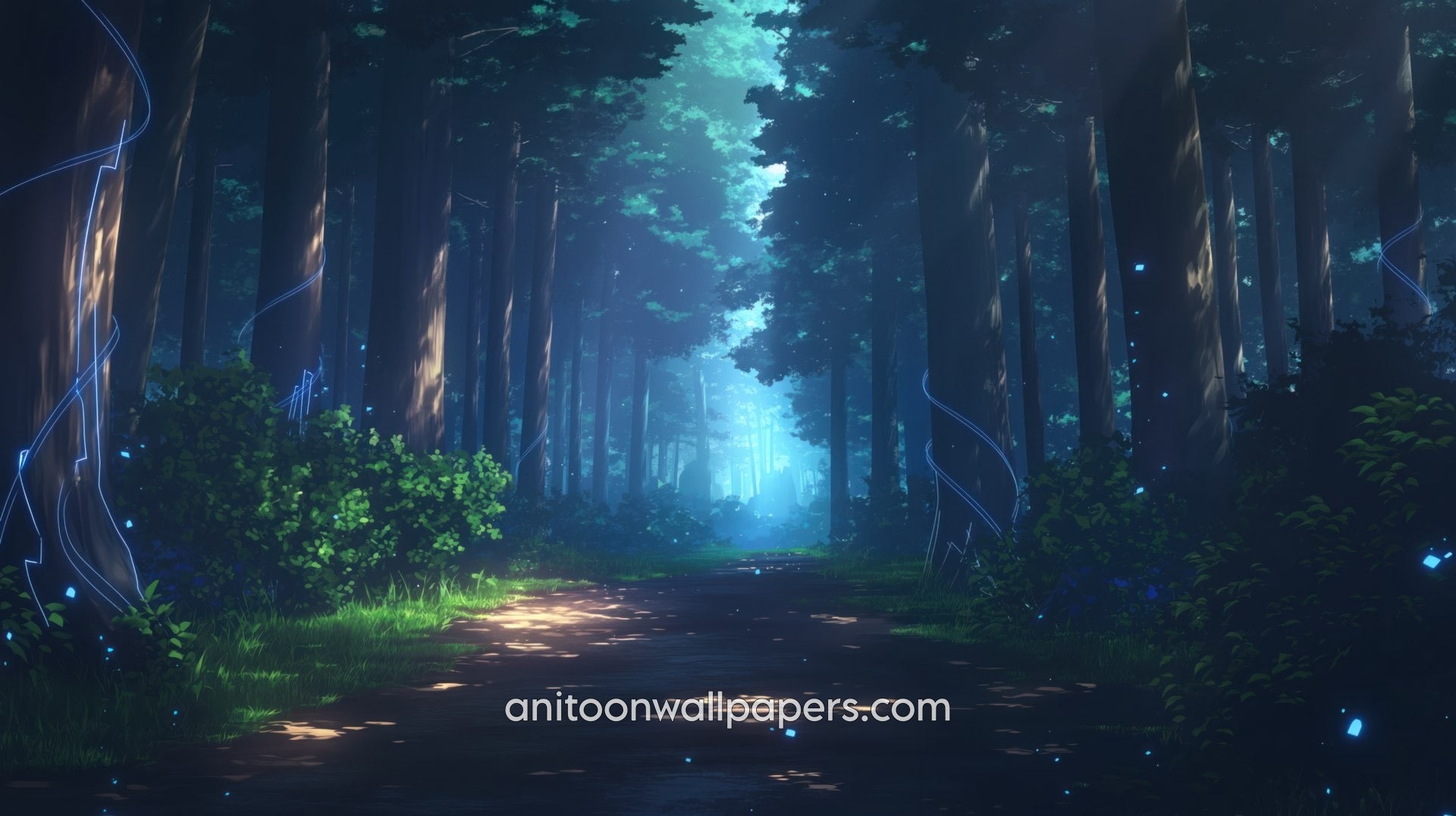 Anime Desktop Wallpaper - Forest Dirt Path & Blue Energy Trails at Night #64
