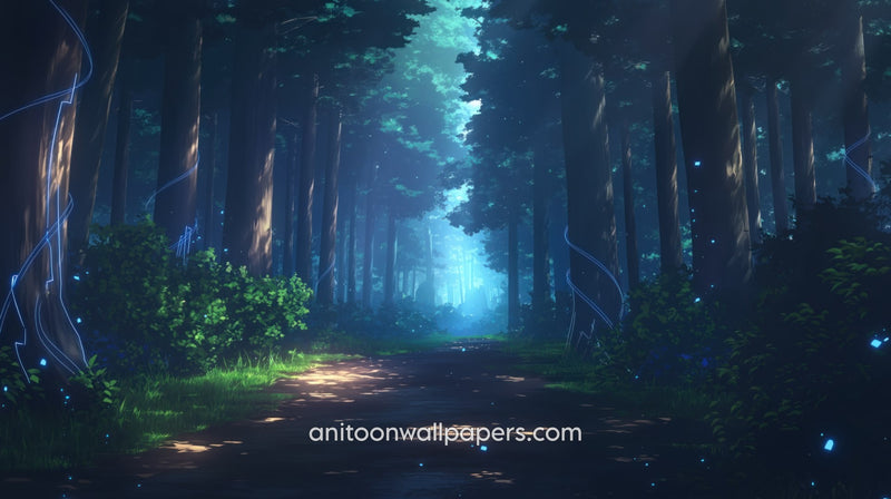 Anime Desktop Wallpaper - Forest Dirt Path & Blue Energy Trails at Night #64