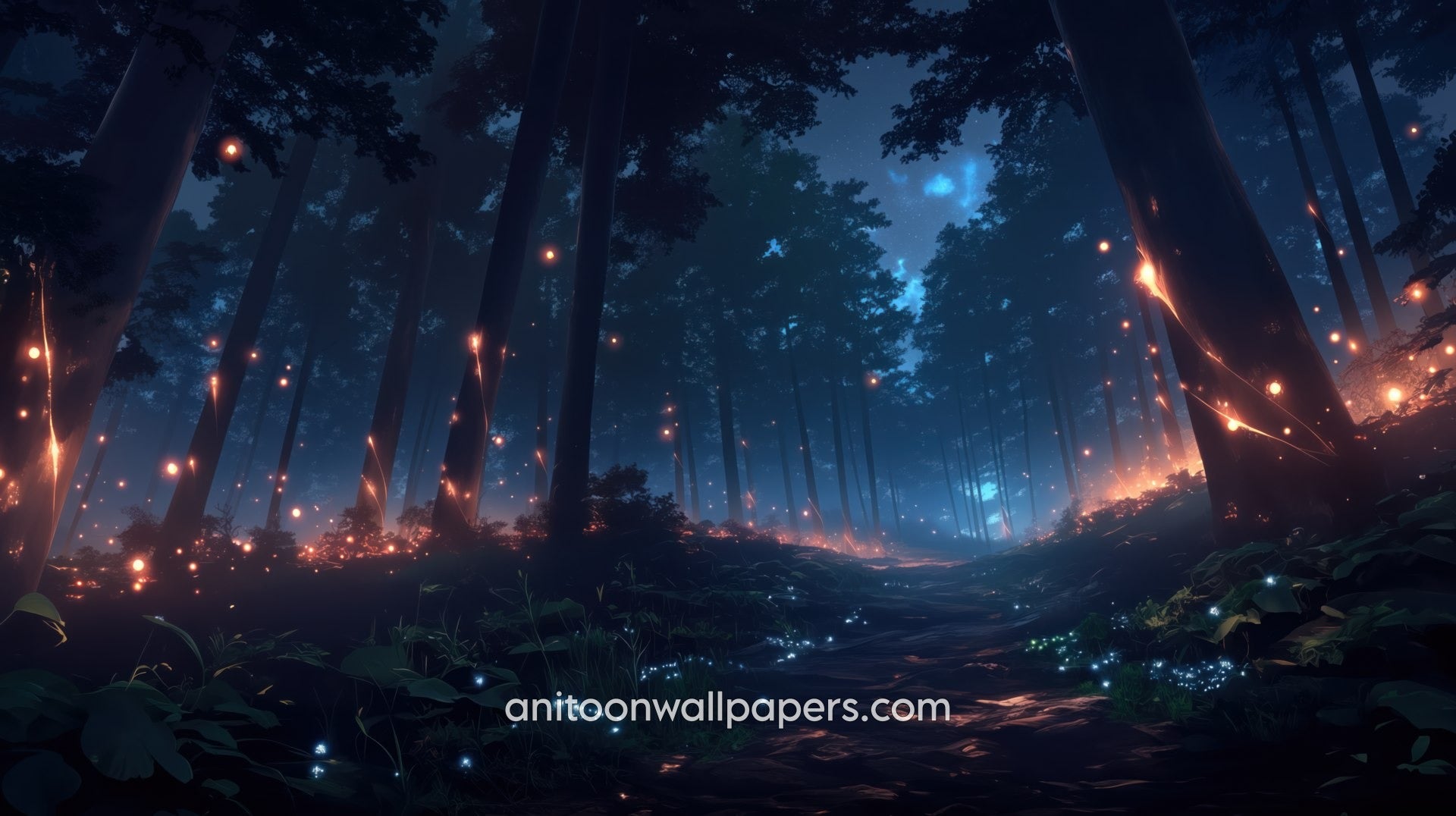 Anime Desktop Wallpaper - Forest Filled with Fireflies Under Moonlit Sky #65