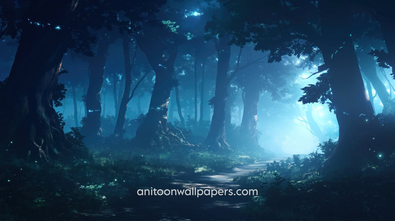 Anime Desktop Wallpaper - Deep Blue Moonlit Forest Path at Night #66