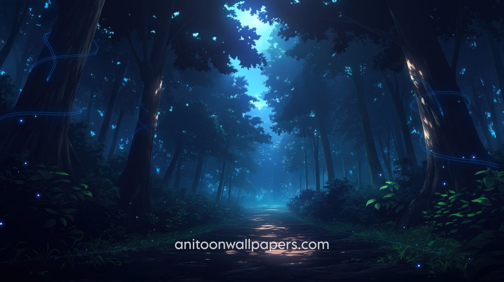 Anime Desktop Wallpaper - Forest Tunnel with Teal Butterflies & Blue Canopy #67