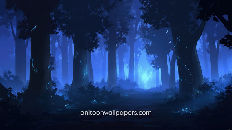 Anime Desktop Wallpaper - Dark Blue Forest with Teal Sparks & Glow Ahead #69