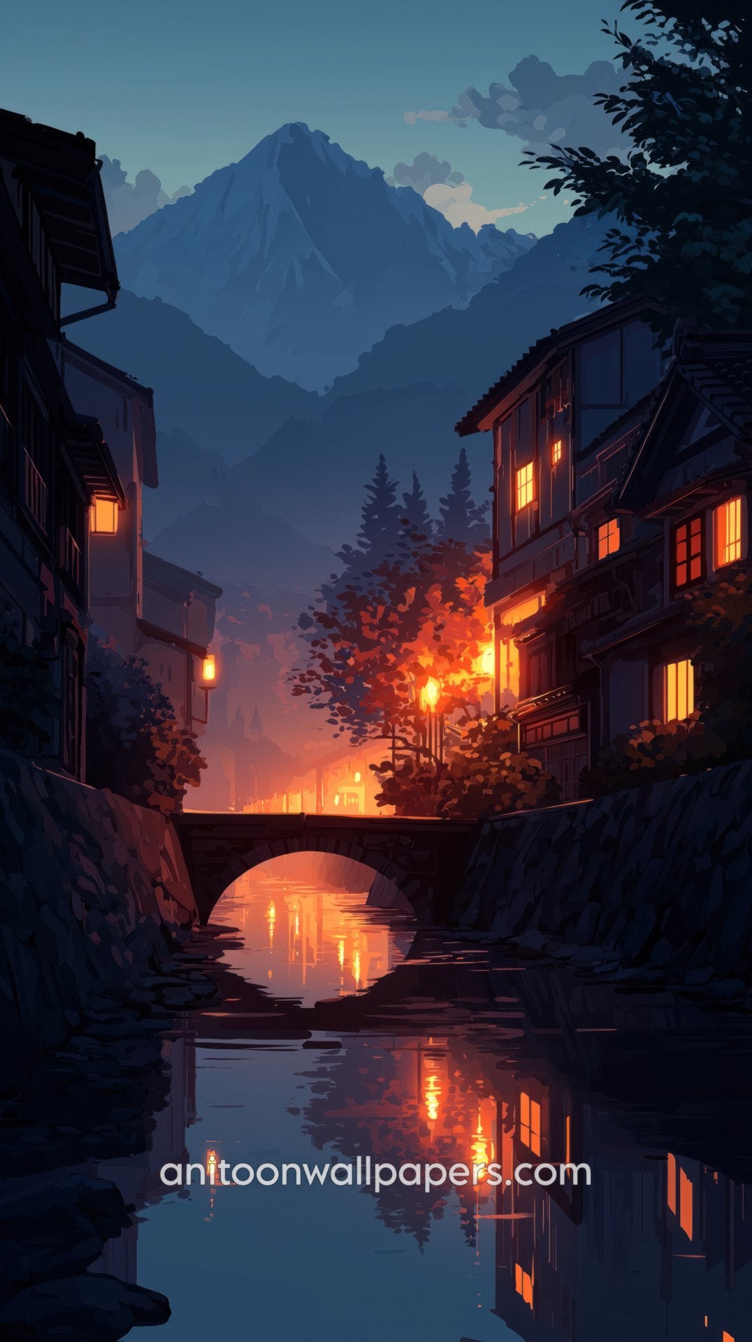 Mystical mountain village scene with glowing lights and a bridge over water.