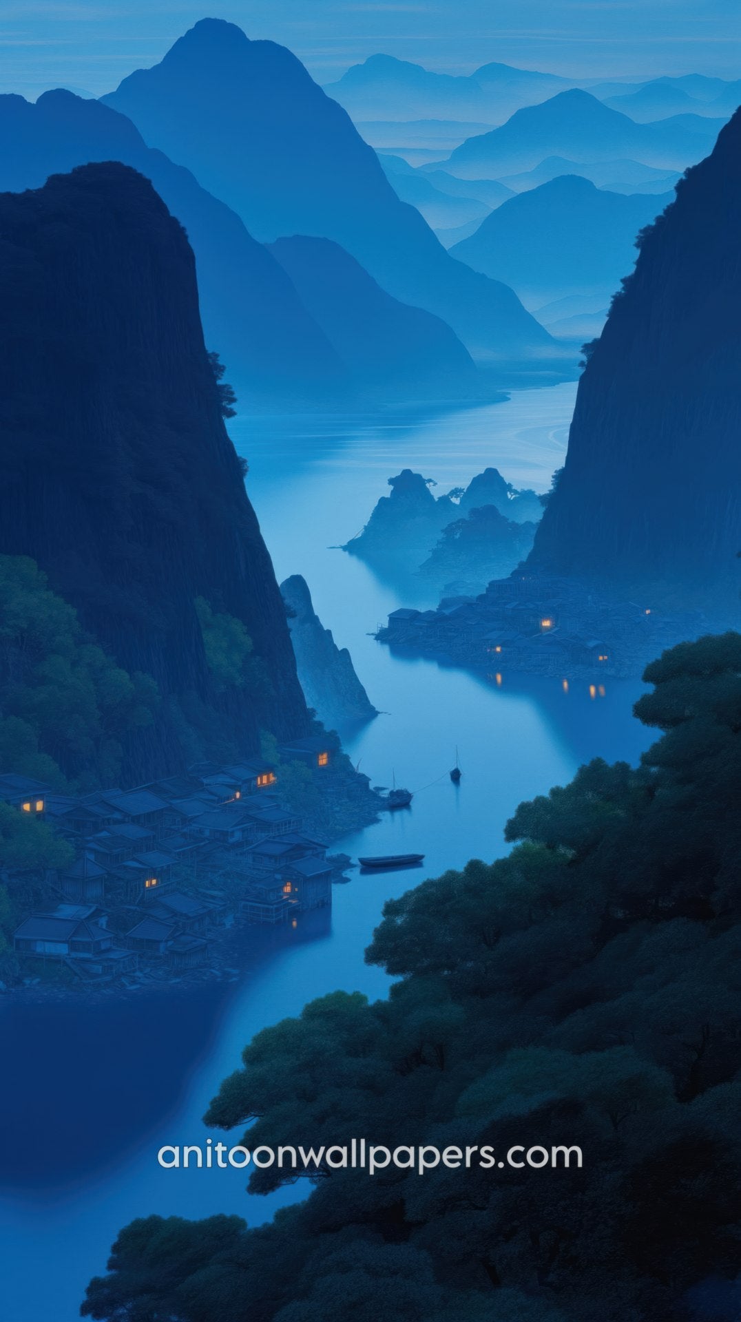 Majestic mountain landscape with a river at night, illuminated by lights. 4k Phone Wallpaper