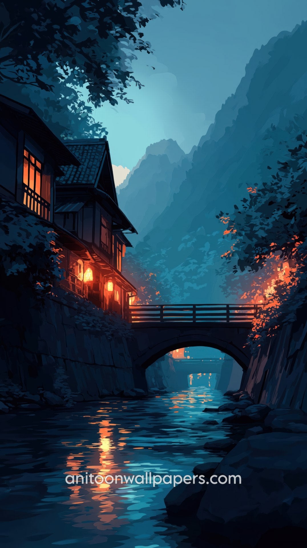 Mystical mountain scene with a bridge over a river at night, illuminated by warm lights.