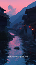 Mystical scene of a river with buildings and a bridge at dusk, featuring pink and blue hues. 4k Phone Wallpaper