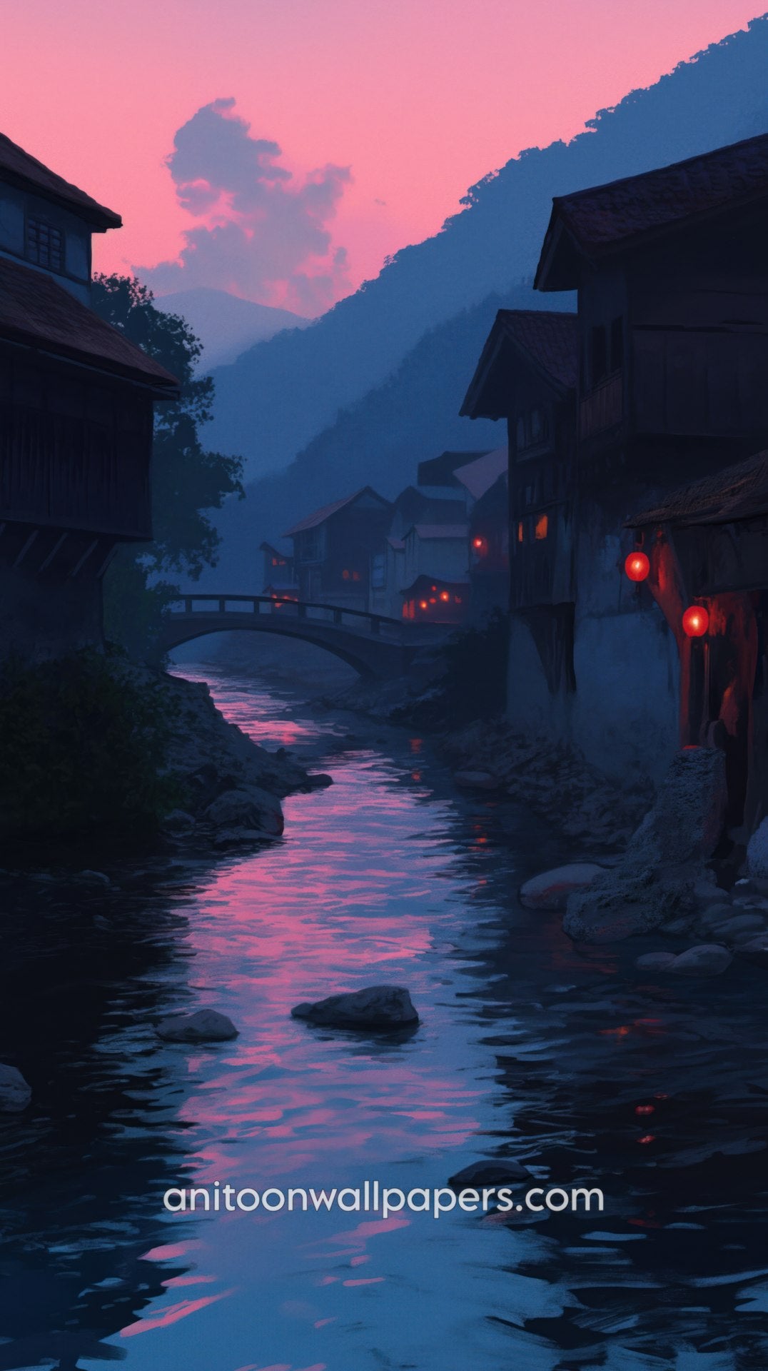 Mystical scene of a river with buildings and a bridge at dusk, featuring pink and blue hues. 4k Phone Wallpaper