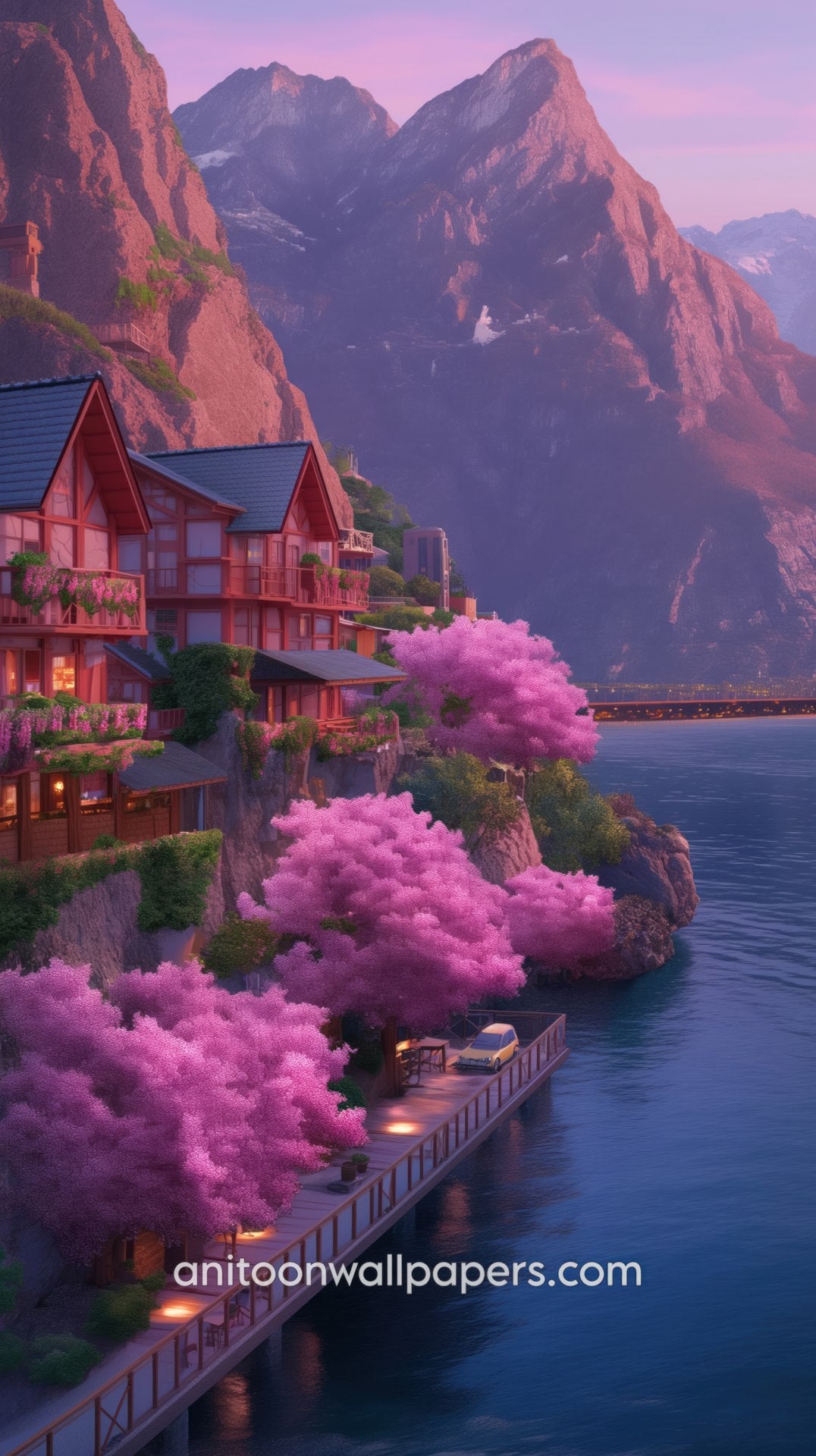 Cozy wooden houses by a lake with cherry blossom trees and mountains in the background