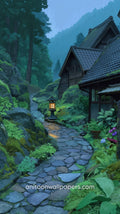 Pathway leading to a traditional house in a lush, green forest