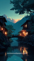  serene night scene with traditional houses, a bridge, and mountains.