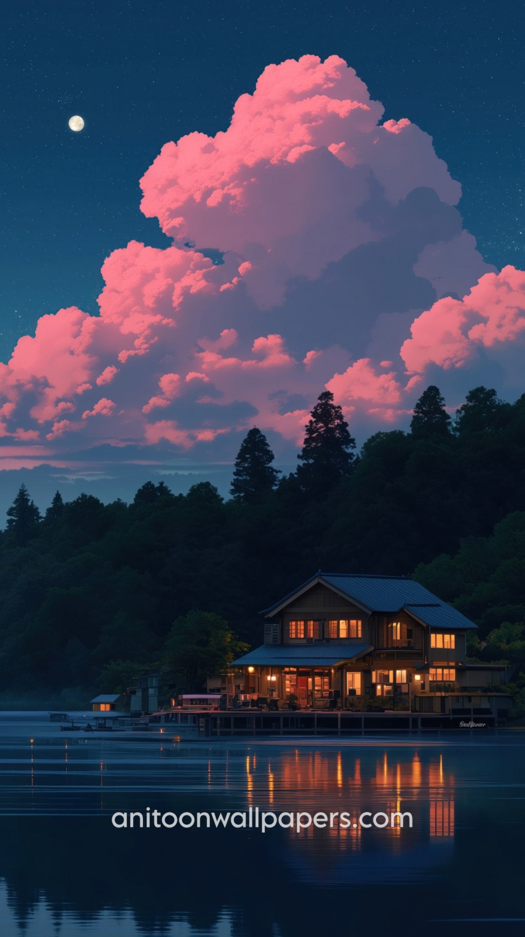 Cabin on a lake at night with pink clouds in the sky