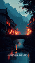 Stylized illustration of a village scene with houses, a bridge, and mountains at night.