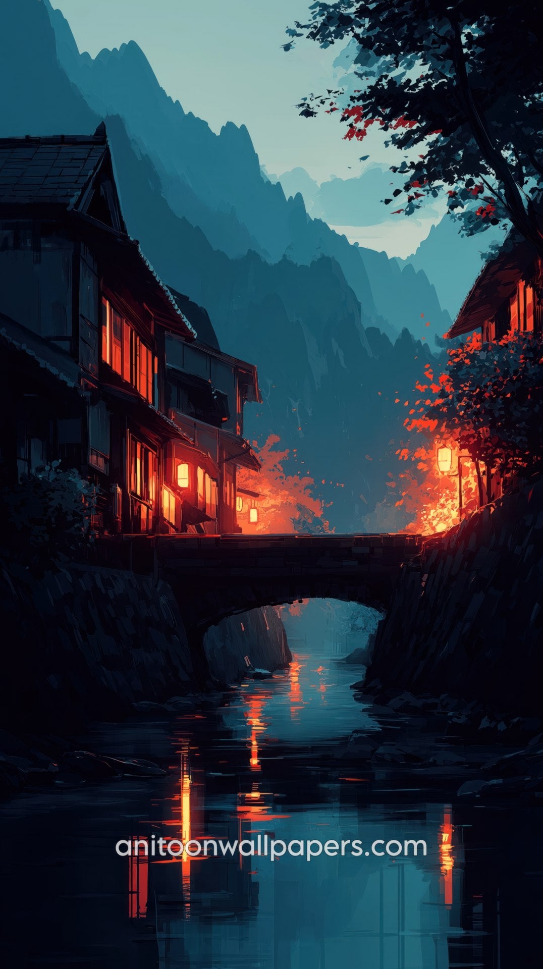 Stylized illustration of a village scene with houses, a bridge, and mountains at night.