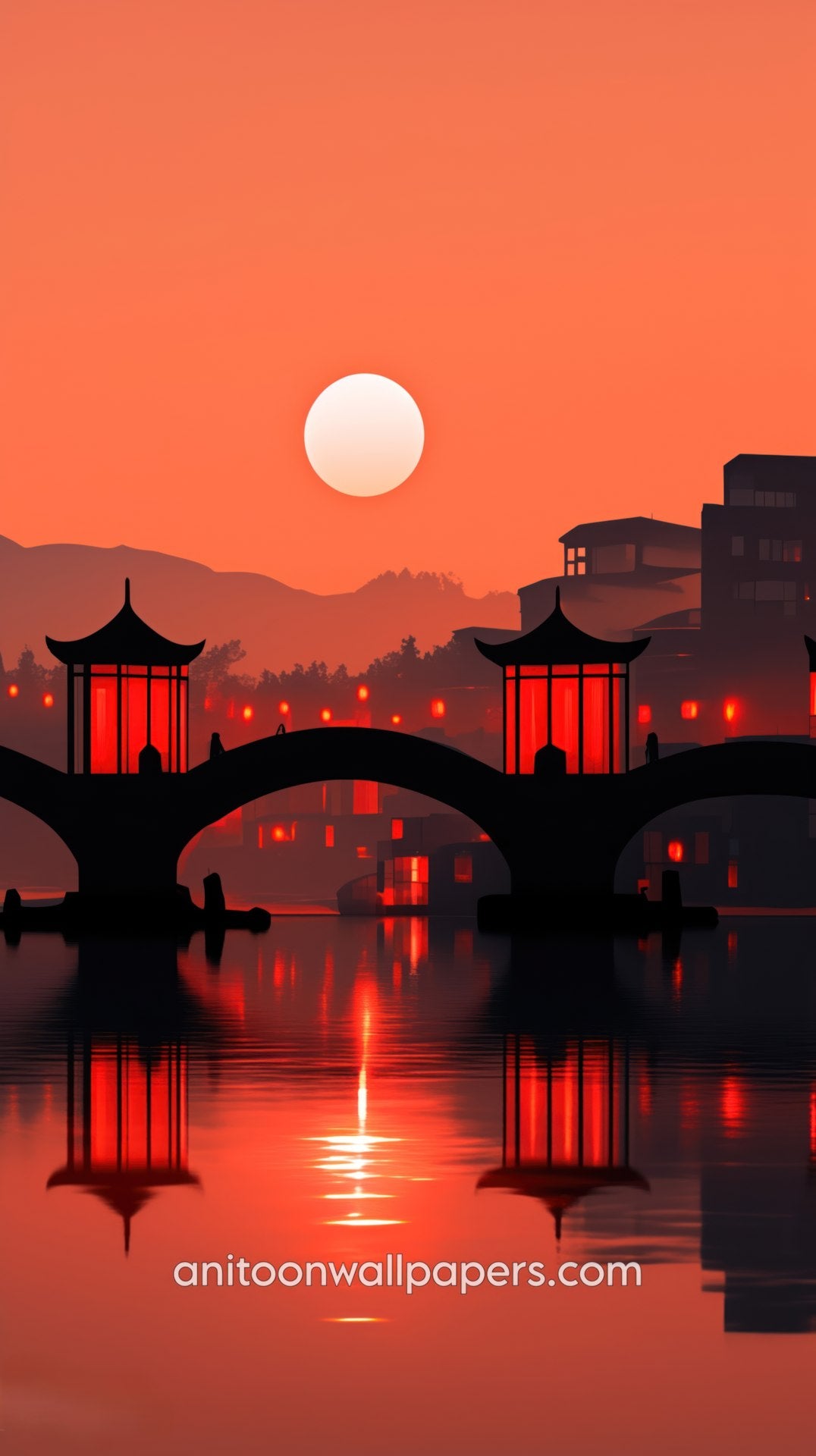 Silhouette of a bridge with traditional Chinese pavilions against an orange sunset sky.