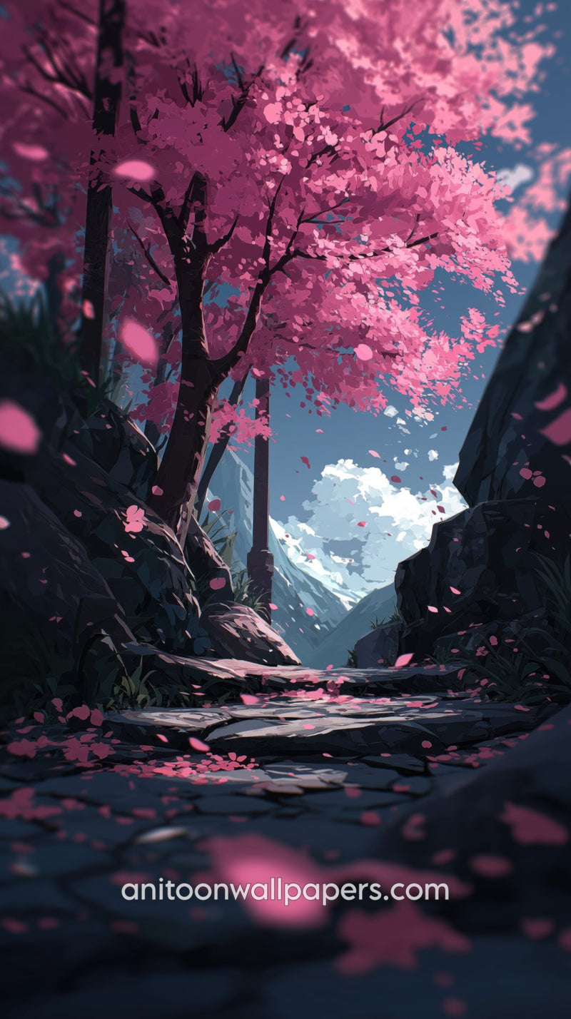 Anime Cherry Blossom Path Phone Wallpaper - Dark Rocky Trail & Pink Petals #26
