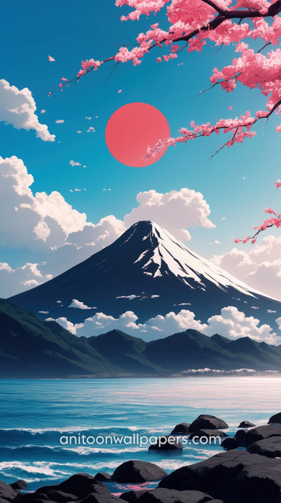 Anime Mount Fuji Phone Wallpaper - Red Sun & Cherry Blossoms #27