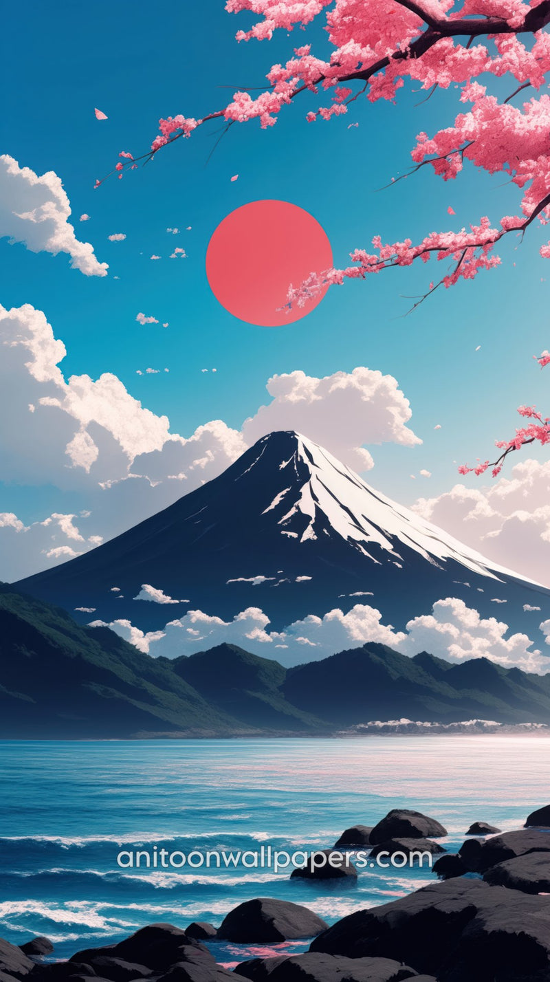 Anime Mount Fuji Phone Wallpaper - Red Sun & Cherry Blossoms #27