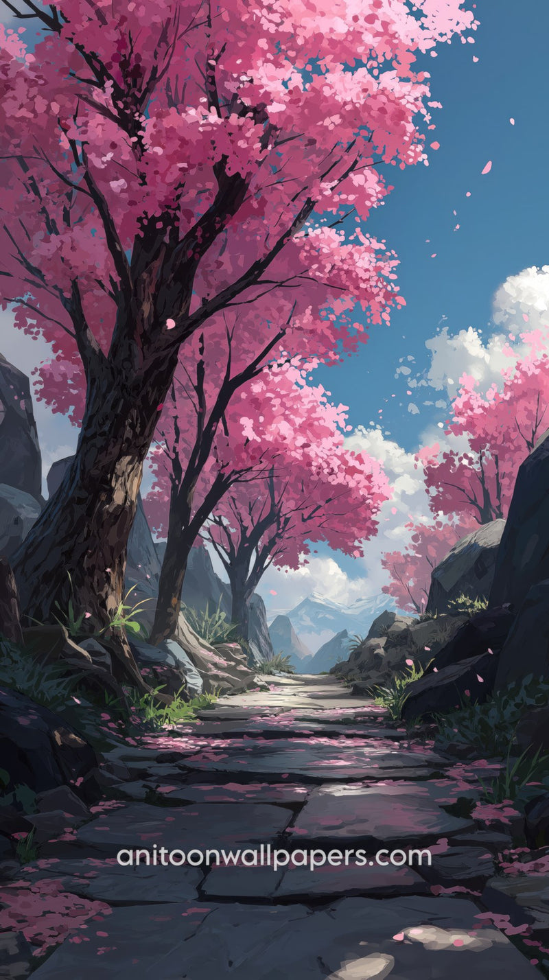 Anime Cherry Blossom Stone Path Phone Wallpaper - Rocky Canyon & Pink Trees #30