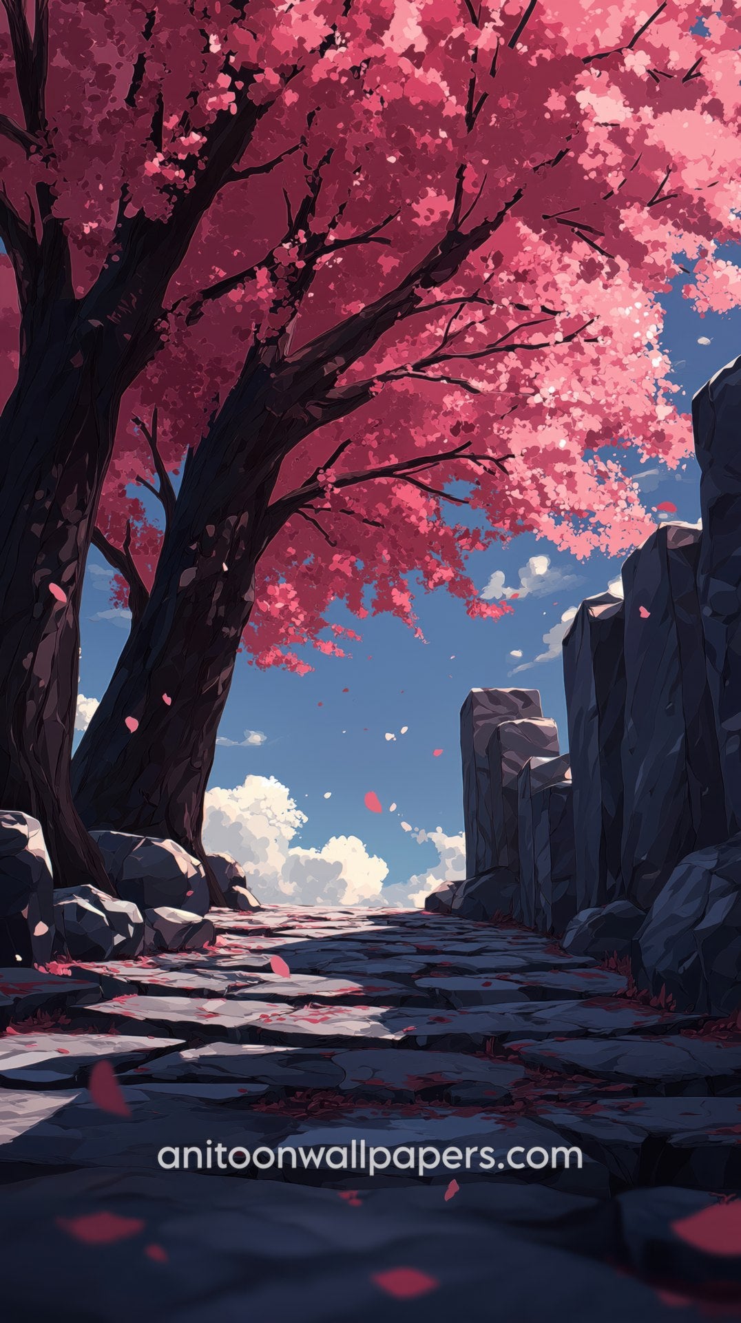 Anime Cherry Blossom Phone Wallpaper - Dark Stone Ruins & Pink Tree #31