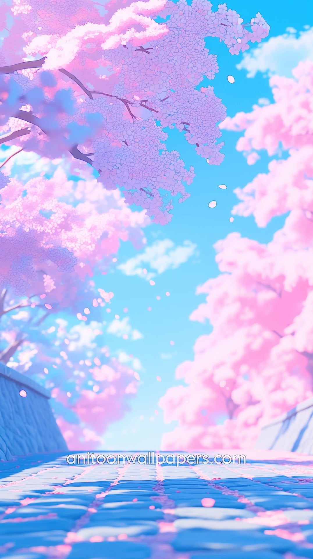 Anime Cherry Blossom Phone Wallpaper - Ground View Pink Blooms & Cyan Sky #45